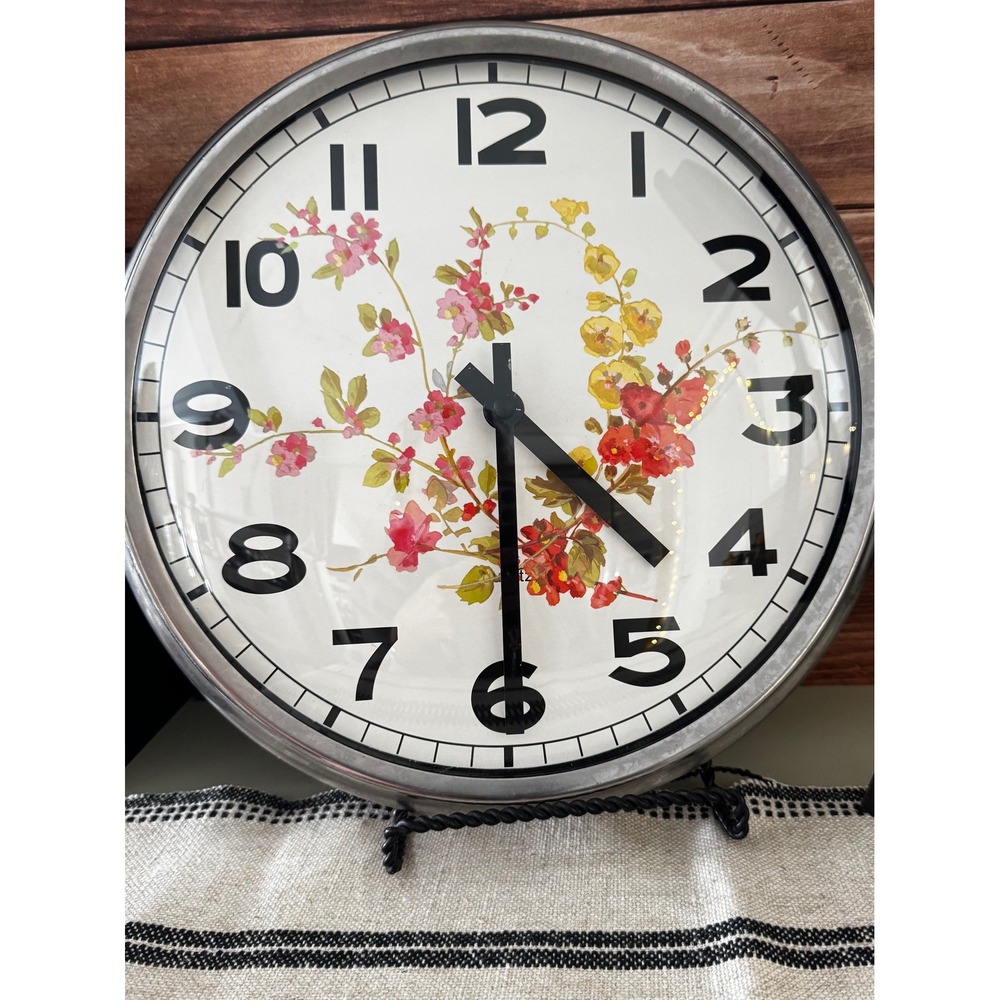 Vintage Style Floral Round Wall Clock Silver Metal Frame Botanical Decor 12 Inch